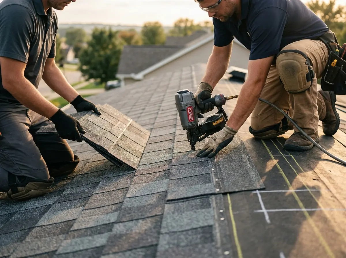 Professional roofer working on a residential roof in North Versailles